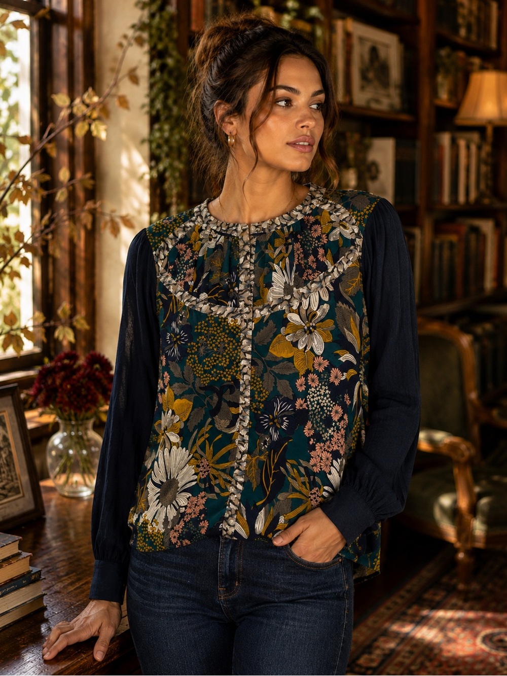 TINY Anthropologie Floral Botanical Mixed Print Long Sleeve Blouse Size M